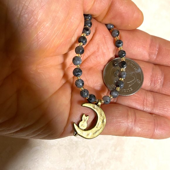 Larvikite Bronze Cat on the Moon Necklace, Genuine Gemstone Beaded Necklace - Picture 10 of 10